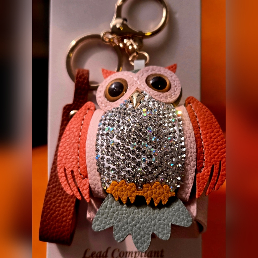 NEW Natasha Owl with Rhinestones and Small Backpouch Faux Leather Bag Charm 6"x3 - Picture 2 of 4
